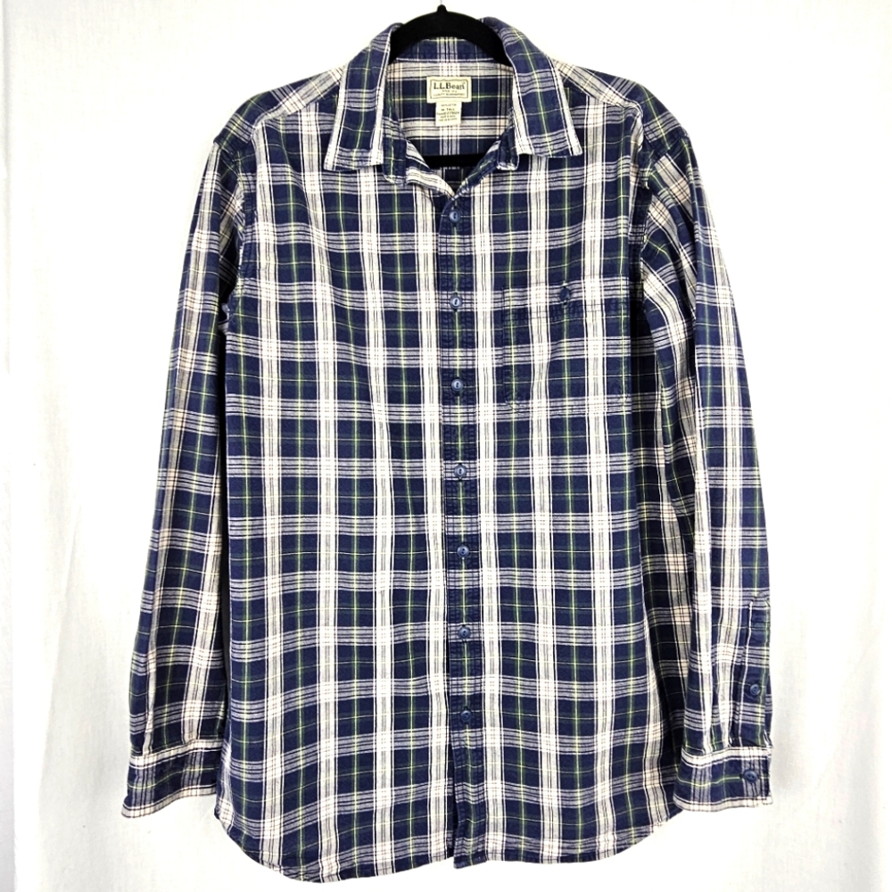 LL Bean Button Up Shirt Navy Blue Green Yellow‎ Plaid Men's Size Medium Tall